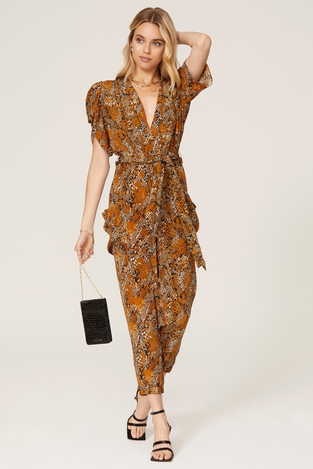 Gilner Farrar Jade Viper Snakeskin Print Puff Sleeve Jumpsuit Size Xl